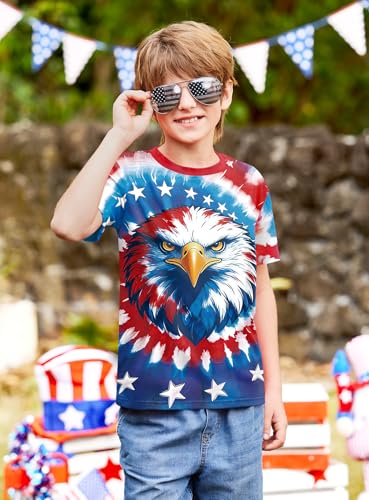 Image of BesserBay Unisex Kids 4th of July American Flag Tee Tie Dye Patriotic Short Sleeve Shirt 6-14 Years