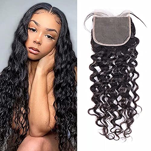 Maxine Water Wave Lace Closure 5x5 Transparent Closure Free Part Brazilian Wet and Wavy Human Hair Swiss Lace Closure Pre Plucked with Baby Hair Natural Black Color（14inch）