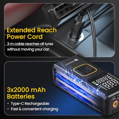 Image of Portronics Vayu 9.0 Portable & Rechargeable Tyre Inflator with 2-in-1 Cordless & Corded Modes, 3x2000 mAh Battery, LED Display, Auto Shut-Off, Type-C Fast Charging,150 PSI for Car, Bike & Sports Balls