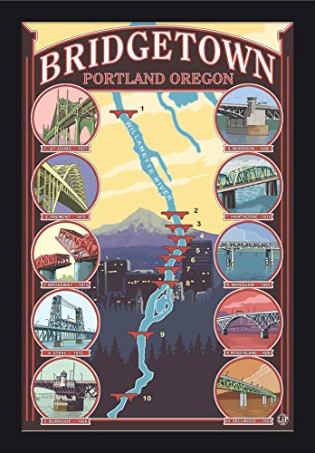 Portland, Oregon, Bridges of Portland (16x24 Giclee Fine Art Print, Recycled Wood Frame, Black)