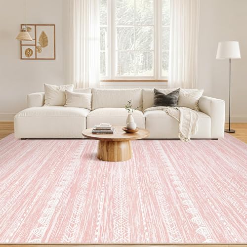 Nakagishi Pink Rugs for Bedroom Girls: 8x10 Washable Boho Large Neutral Cute Soft Area Rug Modern Indoor Floor Non Slip Accent Carpet for Living Room Nursery Kids Playroom Preppy Room Dorm Baby Room