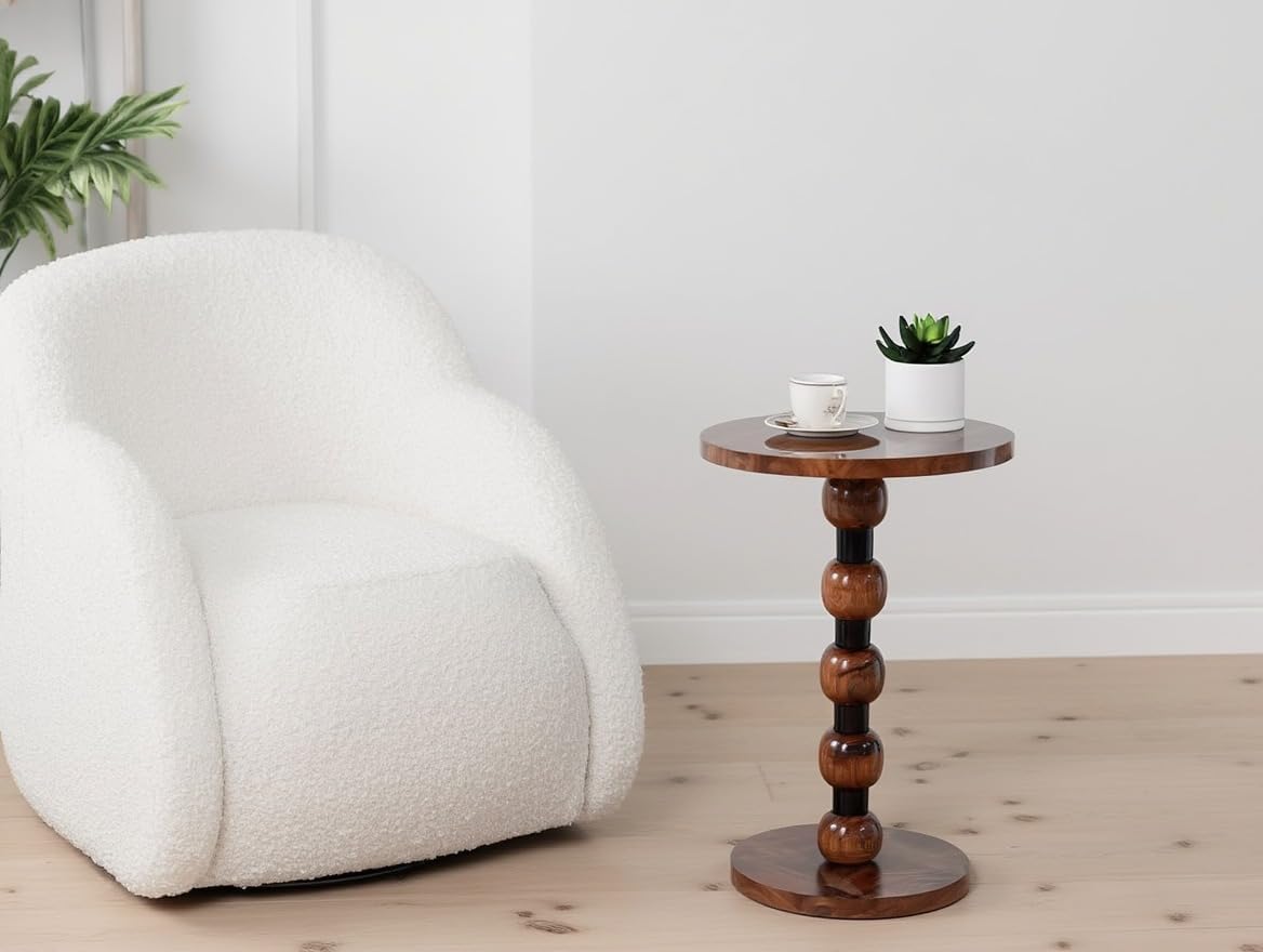 Sheesham Wood Round Bedside Table for Bedroom | Wooden Night Stand Side Table | Solid Wood End Table for Living Room, Natural Finish, Golden Legs-image-28