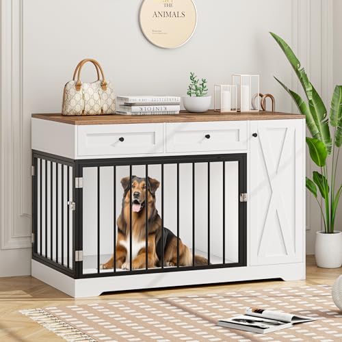 Dog Crate Furniture Kennel with Double Doors Wooden Pet House with 2 Drawers and Storage Cabinet, Indoor Dog Cage Farmhouse Modern Side End Table for Small Medium Dogs, White