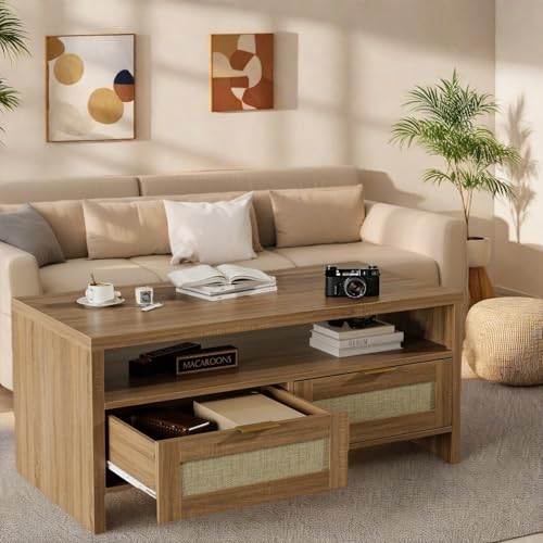 Garvee Boho Coffee Table with Storage, 40" Mid Century Rattan Console Table with Drawers and Open Shelf, 2 Tiers Wooden Center Coffee Table for Living