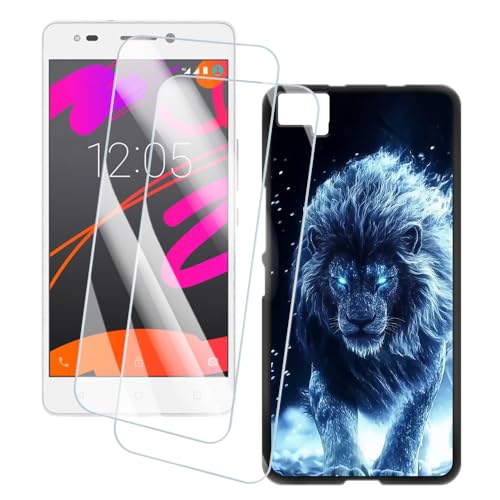 OAGELIM 2er Pack Bildschirm Schutzfolie + Hülle Kompatibel mit BQ Aquaris M5 (5 Zoll) Künstlerisch Bedruckte Hülle & Gehärtetes Glas Kratzfest (Löwe)