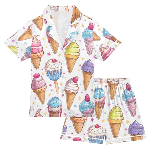 ALAZA Ice Cream Star on White Pajamas Satin Pajama Set Short Sleeve Button Down Sleepwear