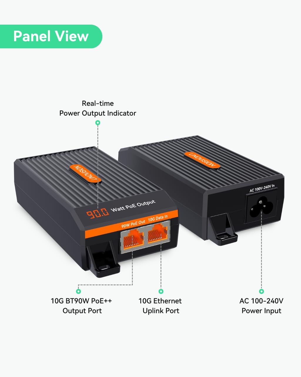 LINOVISION Injecteur PoE++ 10G BT90W et Séparateur PoE++ Gigabit Industriel | Injecteur PoE++ 10G BT90W avec Affichage de la Puissance PoE en Temps Réel