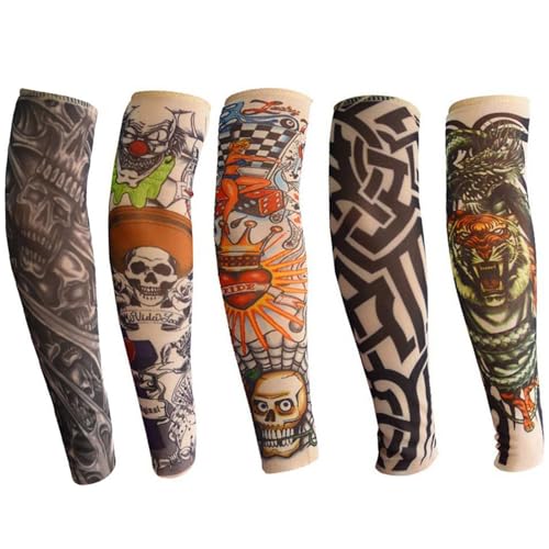 ANGTUO Tattoo Ärmel Kinder 5 Stück Fasching Fake Tattoo Armstrumpf Arm Tattoo Sleeves Punker Kostüm Spaßartikel für Jungen Mädchen Rockstar Karneval Party