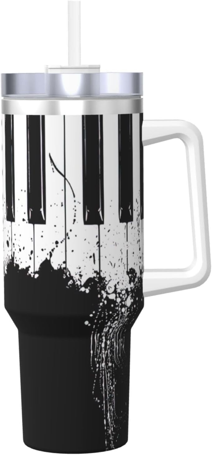 40 OZ Piano Print Ice Bully Cup with Handle Straw Lid Straw,Stainless Steel Tumbler Coffee Cup