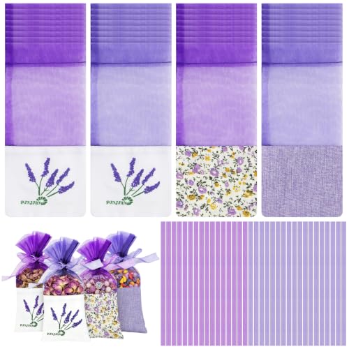 Celsano 32 Stück Leere Duftsäckchen zum Befüllen 7 5 x 15 5 cm Säckchen mit Schleife Lila Gaze- und Leinensäckchen Muster Stoffsäckchen für Lavendel Schrank und Schublade