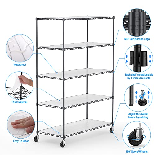 Donext 5-Tier Shelving Unit with 5-Tier Liners, Adjustable Rack, Steel Wire Shelves with wheel, Shelving Units and Storage for Kitchen and Garage, Black