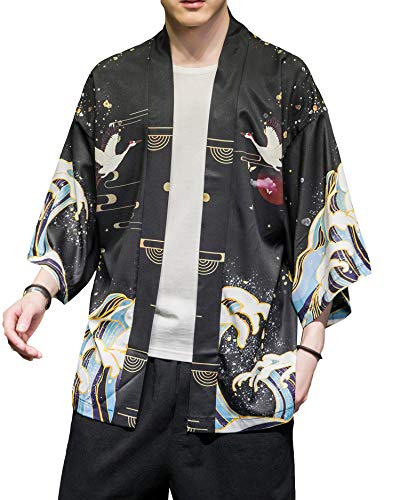 Image of Men's Japanese Kimono Robe Jacket Lightweight 3 /4 Sleeve Open Front Yukata | Silky Smooth Fashion Print Happi Coat Lightweight Breathable Loose Unisex Haori Casual Summer Cardigan Daily Beach Vacation