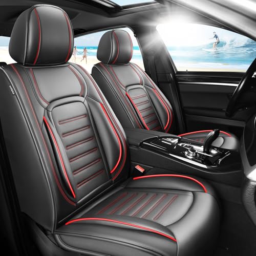 Image of Fit Equinox Premium Leather Car Seat Covers Compatible with Chevy Equinox 2011-2026,Breathable,Wear Resistant, Airbag Compatible, All-Weather Protection & Full Coverage, Full Set Red Line Black