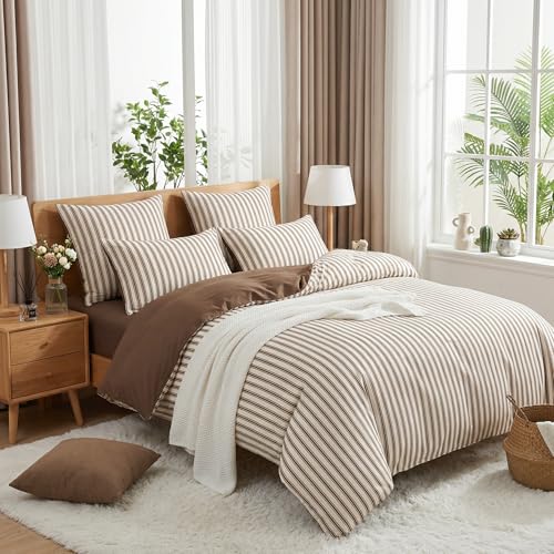 Image of Nayoroom Striped Duvet Cover Queen Reversible Beige Brown Stripe Bedding