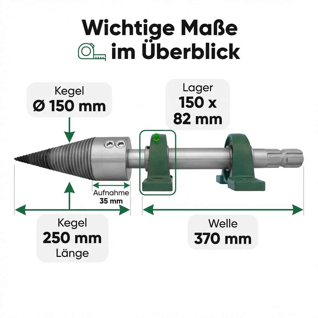 Schneckenspalter Traktor Bausatz Kegelspalter für Traktor mit Zapfwelle 1 3/8 6-Kant, Drillkegel Ø 150 mm (80 mm + Erweiterung auf 150mm), Linksgewinde, Chromstahl, Komplettsatz mit Welle & Lagern