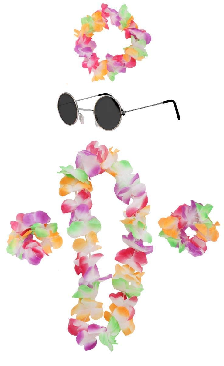 ILOVEFANCYDRESS 5 PIECE HAWAIIAN LEI WITH MATCHING SUNGLASSES COLOUR SET - MULTI-COLOURED HAWAIIAN LEI, HEADBAND, BRACELETS AND BLACK LENS ROUND SUNGLASSES