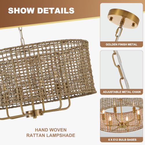 Image of 23.6 inch Large Rattan Chandelier, 6-Light Gold Wicker Light Fixture