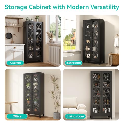 Image of Metal Storage Cabinet with Glass Doors and Adjustable Shelves | 71 inch Tall Pantry Cabinet for Kitchen Dining Room Bathroom Garage,Black,1 Pce
