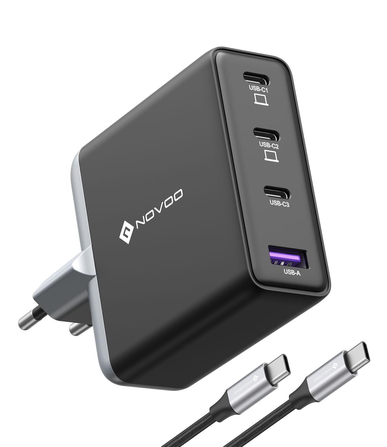 NOVOO 140W USB C Ladegerät mit 240W Kabel, GaN III 4-Port Schnellladegerät PD 3.1, USB-C1 140W & USB-C2 100W, 4 Geräte gleichzeitig für MacBook Pro/Air, iPhone 17/16, iPad, Samsung Galaxy