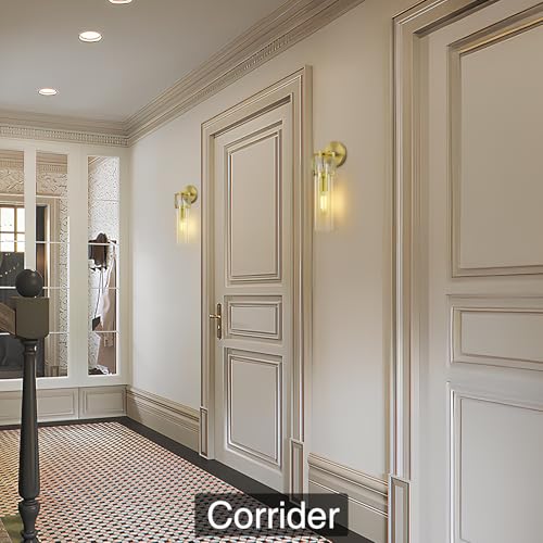 Image of Modern Brass Wall Sconces 2 Pack,15.3'' Hardwired Wall Sconce with Knurled,Farmhouse Indoor Bathroom Sconce,Gold Vanity Lights for Bathroom,Glass Wall Sconce for Living Room,Bedroom,Hallway,Staircase