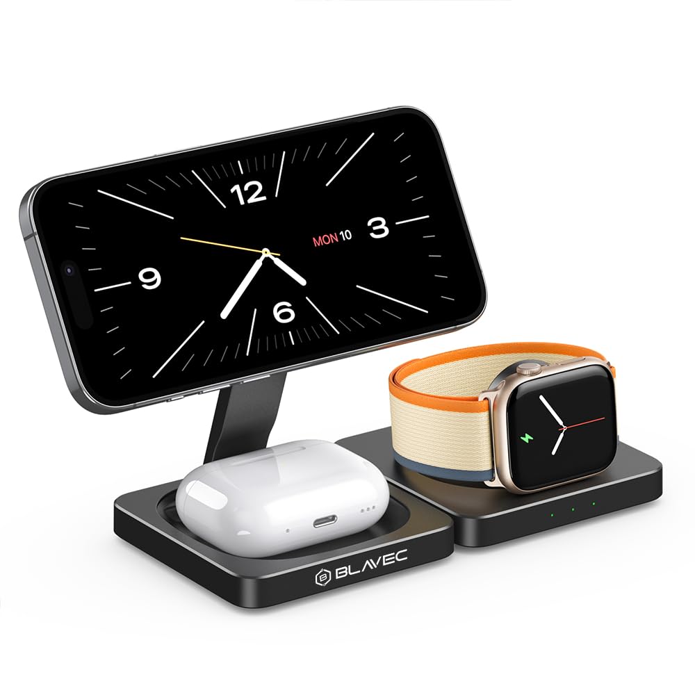 Ładowarka Indukcyjna 3w1 Składana 15W – Do Apple iPhone 12/13/14/15/16 Pro Max, kompatybilna z MagSafe, Apple Watch Series 7/8/9/Ultra/Ultra 2, AirPods i Urządzeń Qi – Szybkie Ładowanie, Regulowana