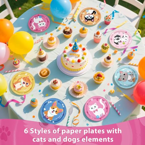 Image of 60Pcs Cat Dog Paper Plate 7 inch Kitten Puppy Heavy Duty Paper Plates | Cute Paw Pet Animal Disposable Dessert Cake Platters for Kids Cat Dog Birthday Baby Shower Party Supplies Decorations