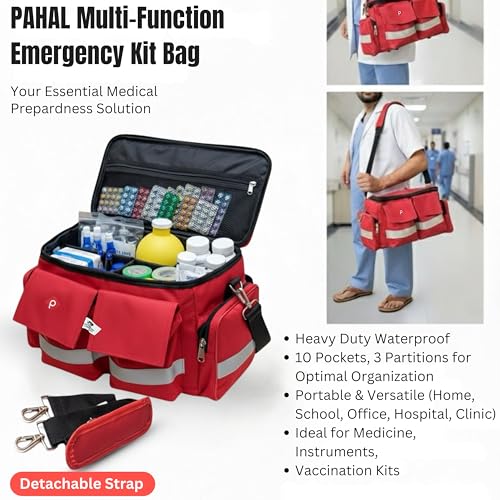 Image of PAHAL Large First Aid Medical Kit Bag 18 Inch Red | Heavy Duty Waterproof Emergency Doctor Bag with 10 Pockets & 3 Compartments | Medicine Instrument Storage for Hospital, Clinic, Home, Industrial Use