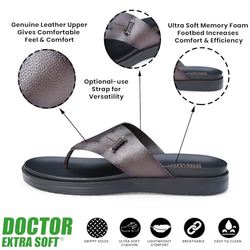 Image of DOCTOR EXTRA SOFT Men's Classic Casual Original Leather Thong Black /Brown Sandals /Chappals with Memory Foam Cushion| Stylish & Non-Slip|Comfortable & Lightweight |Flip flops Slippers Gents & Boys F-2