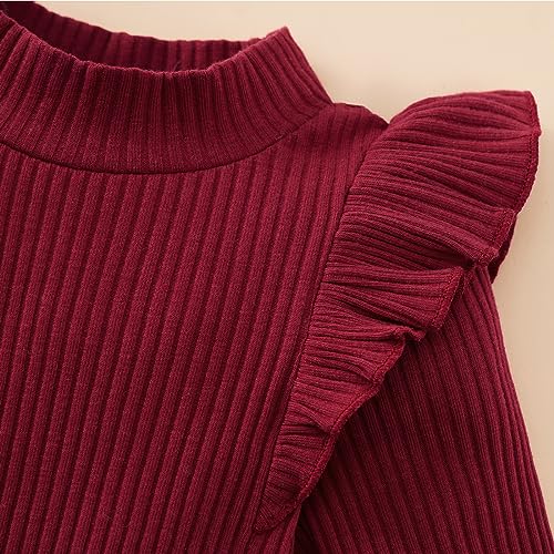 Image of Weixinbuy Toddler Girl Fall Winter Clothes Solid Long Sleeve Ribbed T-Shirt Knit Tops Plaid Button Mini Skirts Set Outfits