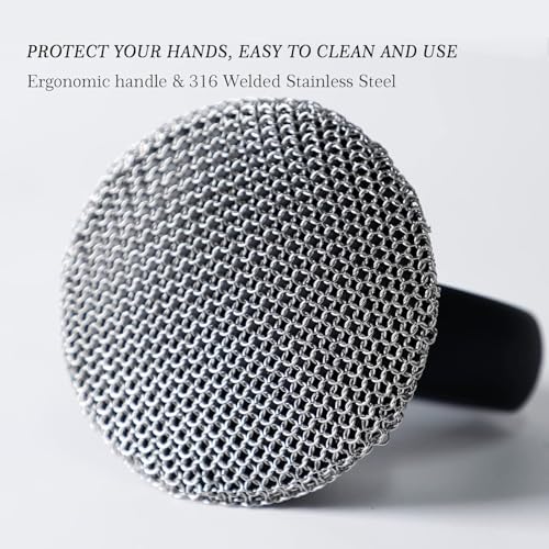 Image of MEIXINZHI Cast Iron Cleaner, Chain Mail Scrubber & Pan Grill Scrapers - 2 in 1 Cast Iron Skillet Cleaner (Black, Without mat)