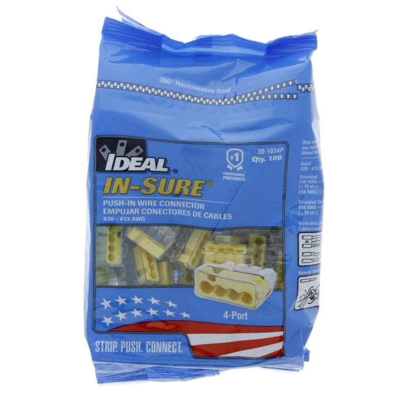 IDEAL Electrical 30-1034P In-Sure Push-In 4 Port Wire Connectors, 12-20 AWG Solid, Yellow (100 Pack)