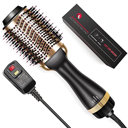 Homipooty Hair Dryers Brush, 3 in 1 Hot Air Brushes Brush for Blowing, Straightening, Curling with ALCI Safety Plug One Step Hair Dryer & Volumizer Negative Ionic Technology for All Type Hair(Gold)