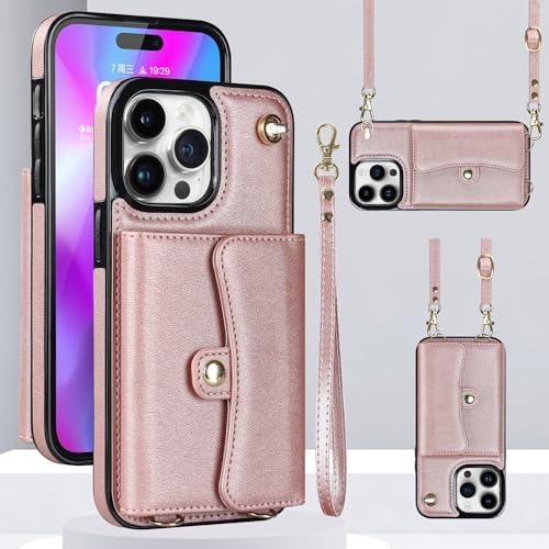 Étui portefeuille iPhone 15 Pro rose gold avec 4 emplacements cartes et protection RFID
