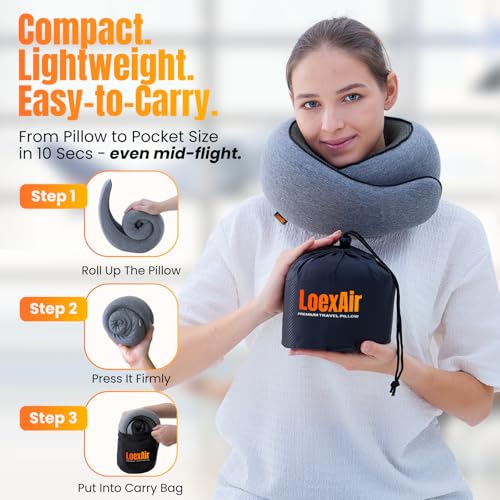 Image of LOEXAIR Travel Pillow, Neck Pillow Travel for Airplane, Car - 100% Cotton Fabric & Memory Foam Plane Pillow, Lightweight & Easy-to-Carry on Flight, Full Travel Set (Eye Mask, Earplugs) - Light Grey