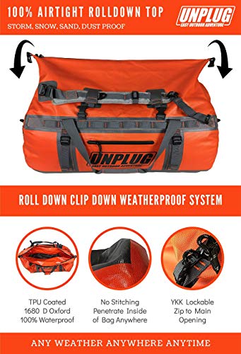 Unplug Ultimate Adventure Bag -1680D Heavy Duty Waterproof Duffel Bag for Boating, Motorcycling, Hunting, Camping, Kayaks or Jet Ski. Gets Gear Through Any Conditions (110L, Adventure Orange)