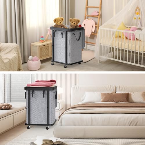 Image of 150L (40 Gal) Large Fashion Laundry Basket with Wheels, Leather Patchwork Rolling Hamper Carts, Sturdy Metal Frame, Removable Washable Bag, Tall Clothes Sorter for Bedroom, Laundry Room - Gary