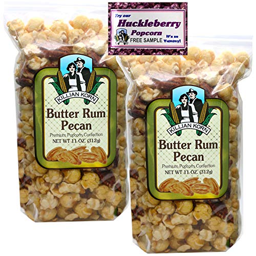 Killian Korn, Butter Rum Pecan Popcorn, "Sooo Yummy", All Naturally Flavored Popcorn, Perfectly Popped Popcorn, 11 oz (Pack of 2) + Includes-Free Huckleberry Gourmet Popcorn Sample Pack, .50 oz