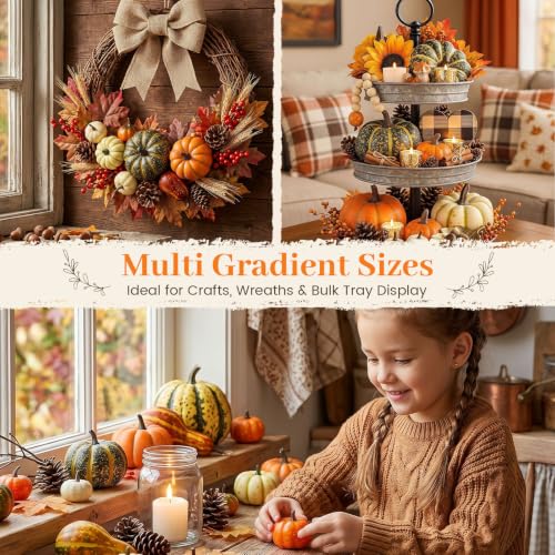 HAKACC 14 PCS Artificial Mixed Pumpkins for Decorating, Fake Pumpkins with 30PCS Fake Maple Leaves Thanksgiving Fall Harvest Decorations for Home, Fall Table Decor