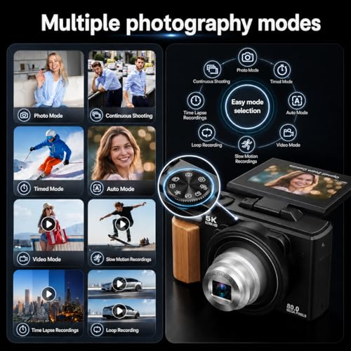 Image of 5K Digital Camera for Photography, 80MP Vlogging Camera for YouTube with 3 inch 180 Flip Screen, 12X Optical Zoom WiFi, Beauty Filter & Autofocus Point and Shoot Camera with 16G SD Card for Beginner