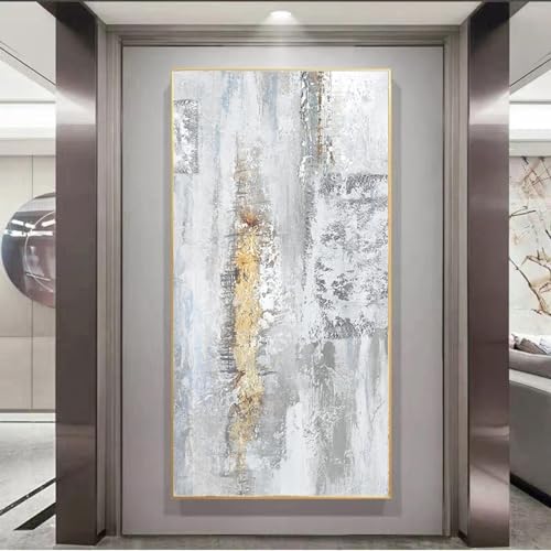 Peinture dorée abstraite moderne grand format 70x140 cm avec cadre pour salon chic