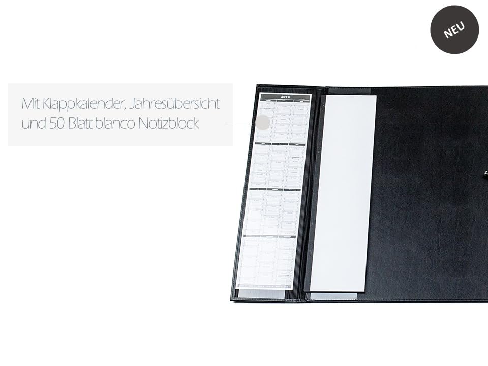 DELMON VARONE - Schreibtischunterlage mit Klappleiste inkl. Block & Kalender 2026/2027 Leder Schwarz - Rutschfeste Echtleder Schreibunterlage abwischbar - Design Schreibtisch Unterlage 65 x 45 cm