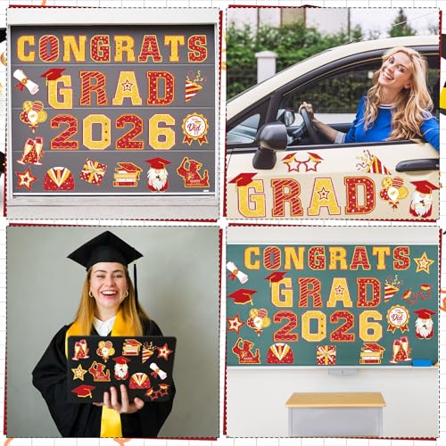 Image of Landhoow 30 Pcs Graduation Car Magnets 2026 Senior Graduation Car Decoration Bumper Sticker Congrats Grad Magnet Magnetic Refrigerator Decal for Grad Parade Party Supplies (Red, Gold)