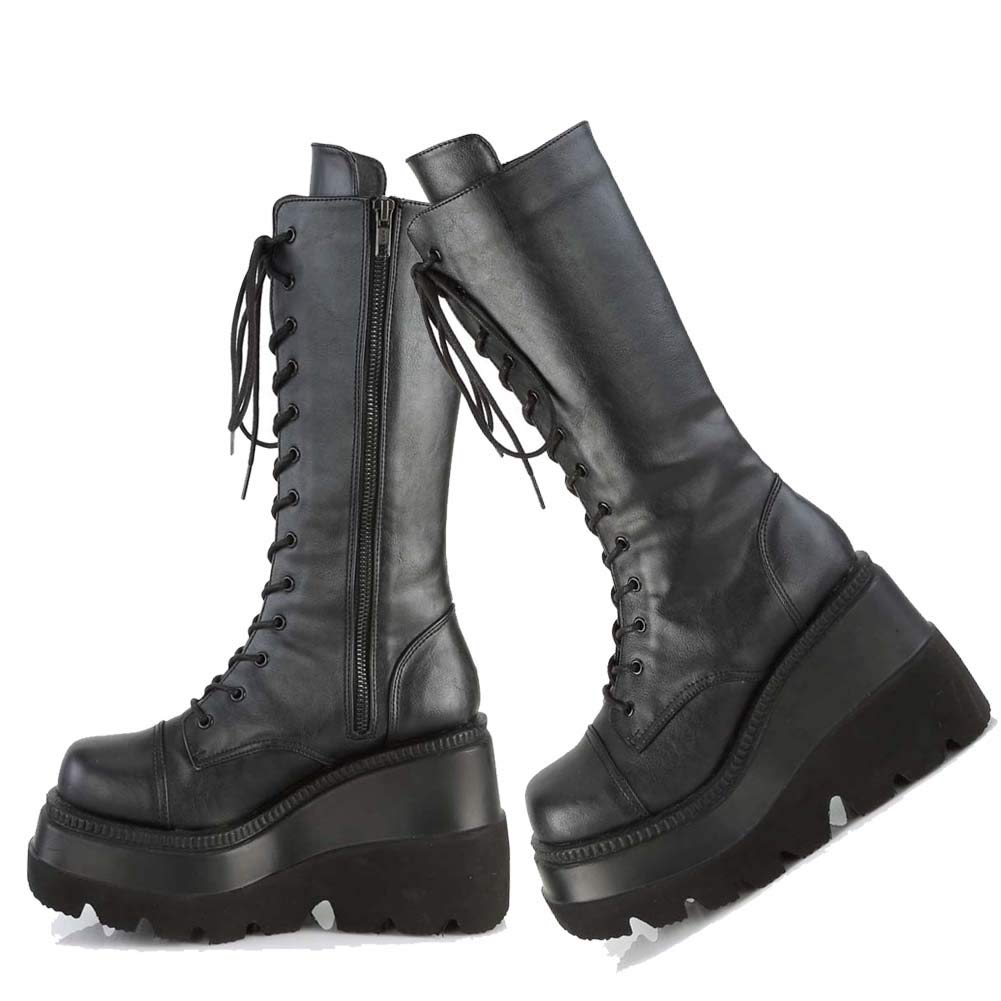 Wedge Knee High Boots For Women, Womens High Platform Lace Side Zip High Heel Round-toe Black Boots