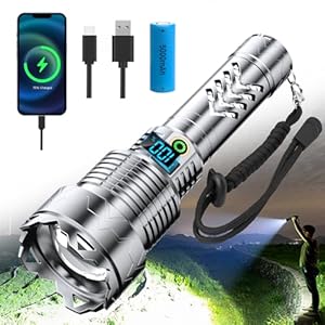 SIDARK Extrem Hell Taschenlampe 50,000 Lumen, Taschenlampe LED Aufladbar 5 Modi Taktische Zoombare, Starke Taschenlampen IPX7 Wasserdicht Flashlight für Outdoor Camping Notfäll-Silber