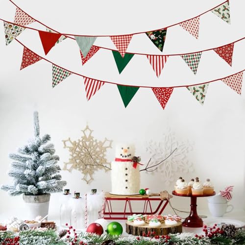 Image of Zwiebeco 32Ft Christmas Pennant Fabric Triangle Flags Garland Red Green White Cotton Bunting Banner for Merry Xmas Party Birthday Wedding New Year Fireplace Home Garden Outdoor Decorations