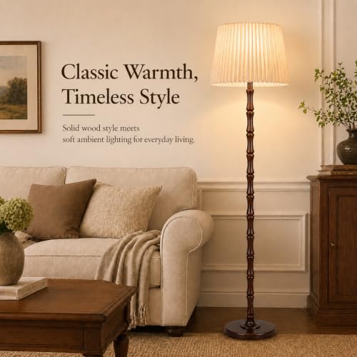 Image of Real Wood Floor Lamp with Dual Lampshades, Sculptural Spindle Standing Lamp with Foot Switch, Modern Farmhouse Dimmable Floor Lamp for Living Room, Bedroom, Reading Corner & Cozy Home Decor
