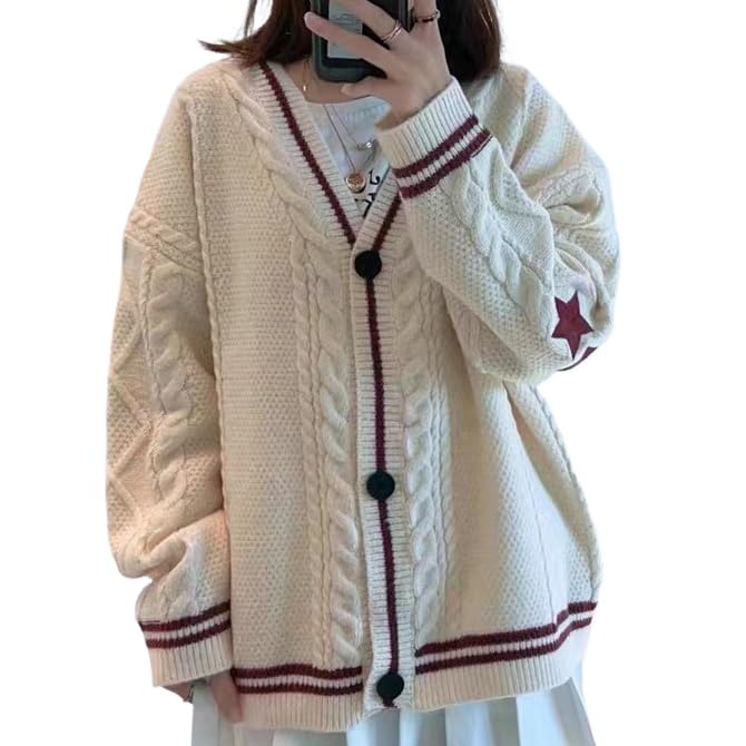 Womens Cardigan Star Embroidery Knit Open Front Cardigan V Neck Long Sleeve Oversized Button Sweater Coat Outwear (Red M Medium)