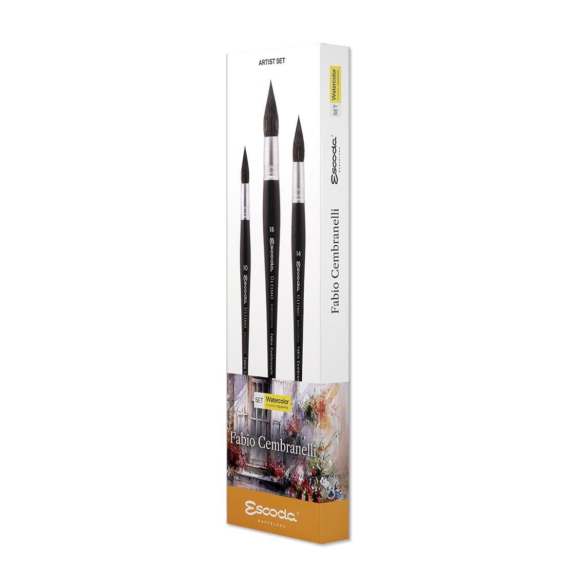 ESCODA Set 3 Pennelli Acquerello - N.10,14,18 Tondo Piuma Fibra Sintetica Petit Gris Set #1 Fabio Cembranelli Serie Ultimo Professionale Fatto a Mano a Barcellona.