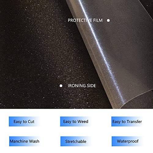 Image of HTVVETUR Glitter HTV Vinyl Rolls Heat Transfer Vinyl - 12 inch x 9ft Black Glitter HTV Vinyl for Shirts, Iron on Vinyl for Cameo - Easy to Cut & Weed for Heat Vinyl Design (J002 Glitter Black-9ft)
