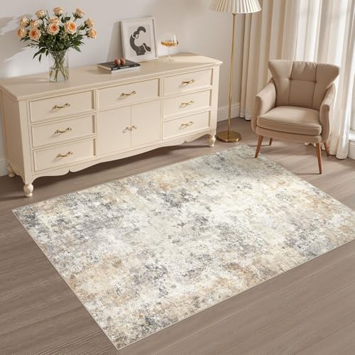 3x5 Area Rug Living Room Rugs - Washable Neutral Modern Abstract Soft Thin Rug Indoor Floor No Slip Rug Carpet for Bedroom Under Dining Table Home Office Decor - Golden Grey